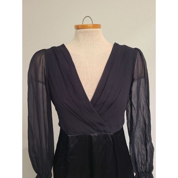 Vtg Betsey Johnson 100% Silk Y2K Black Long Sleeve Mini Dress Sz 4 V Neck Mesh S - Picture 8 of 9